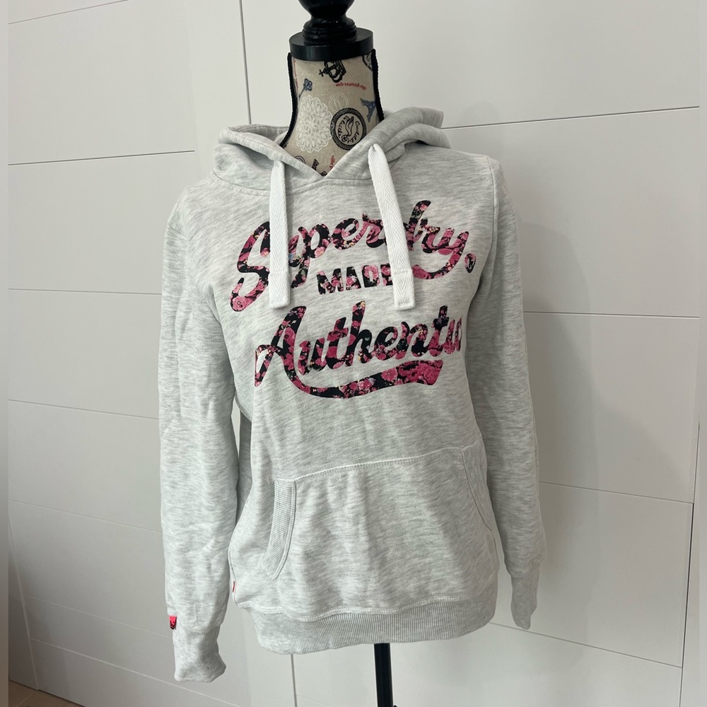 Superdry Light Grey Hoodie – Size Large – Pink Floral Logo